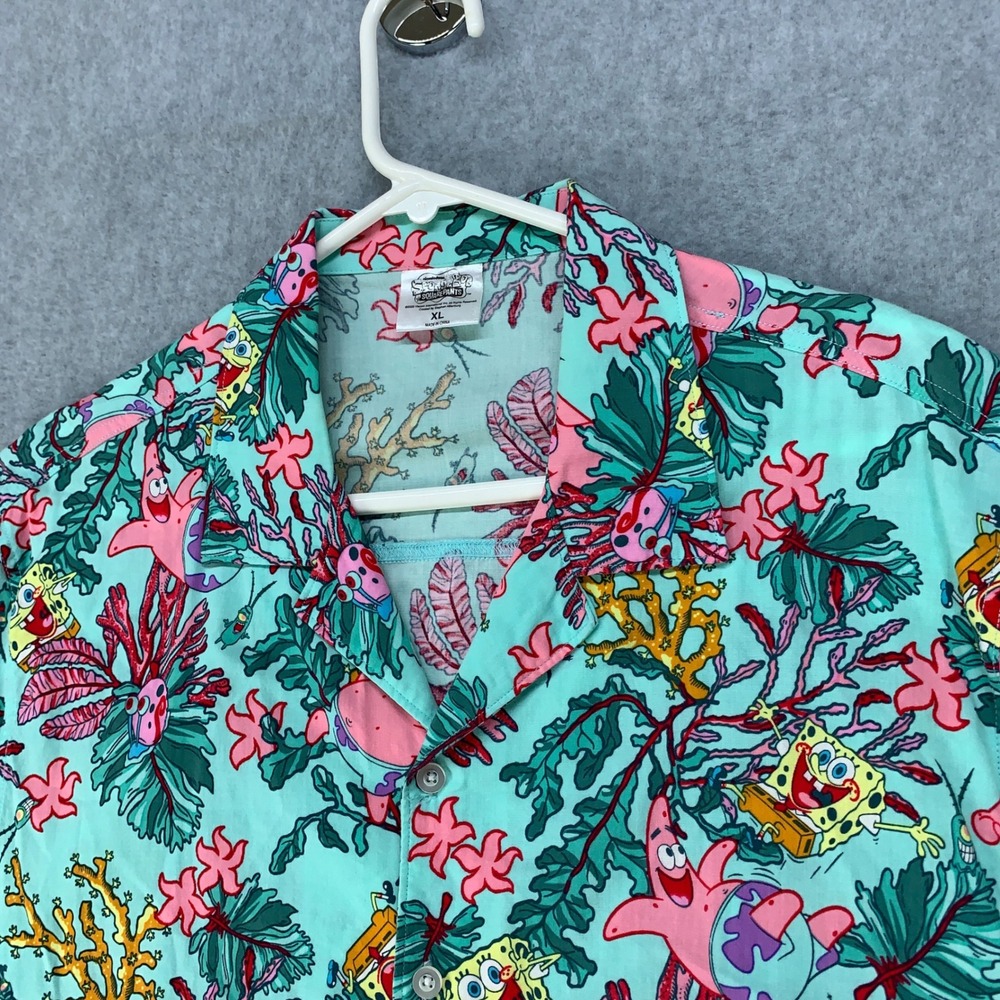 SpongeBob SquarePants Button Down Shirt Mens XL Teal Coral Reef Print